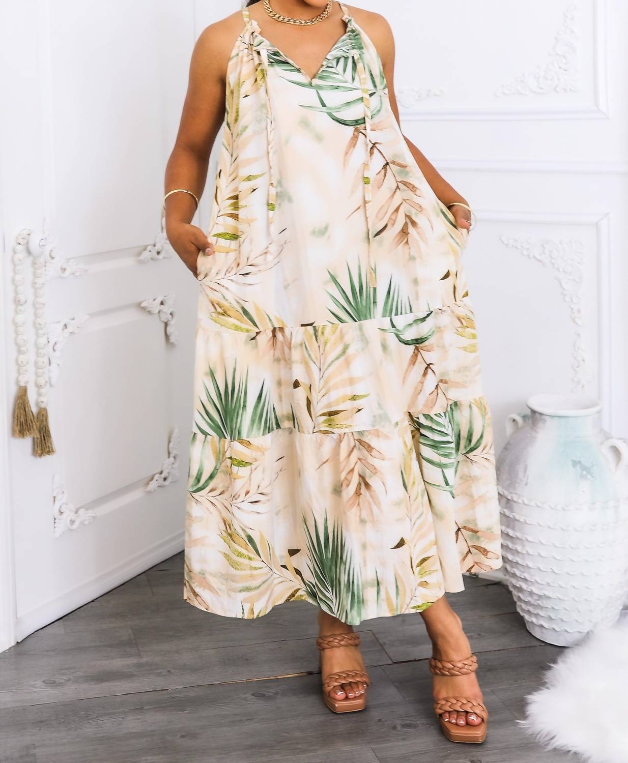 Surelymine - Tropical Palm Tiered Maxi Dress