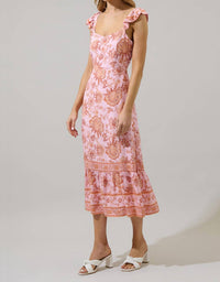 SUGARLIPS Zavey Floral Chantal Ruffle Smocked Midi Dress in blush multi - women's dress - detail view