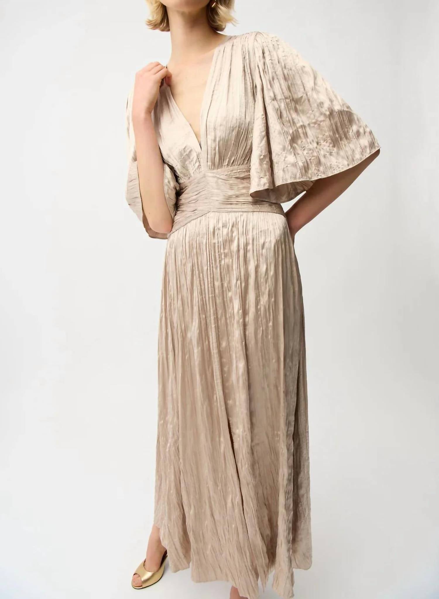 Joseph Ribkoff - Pleated Satin V-neck Maxi Dress