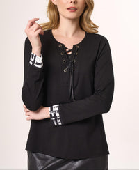 Angel Apparel Lace Up Detail Top in black white - women's long sleeve top