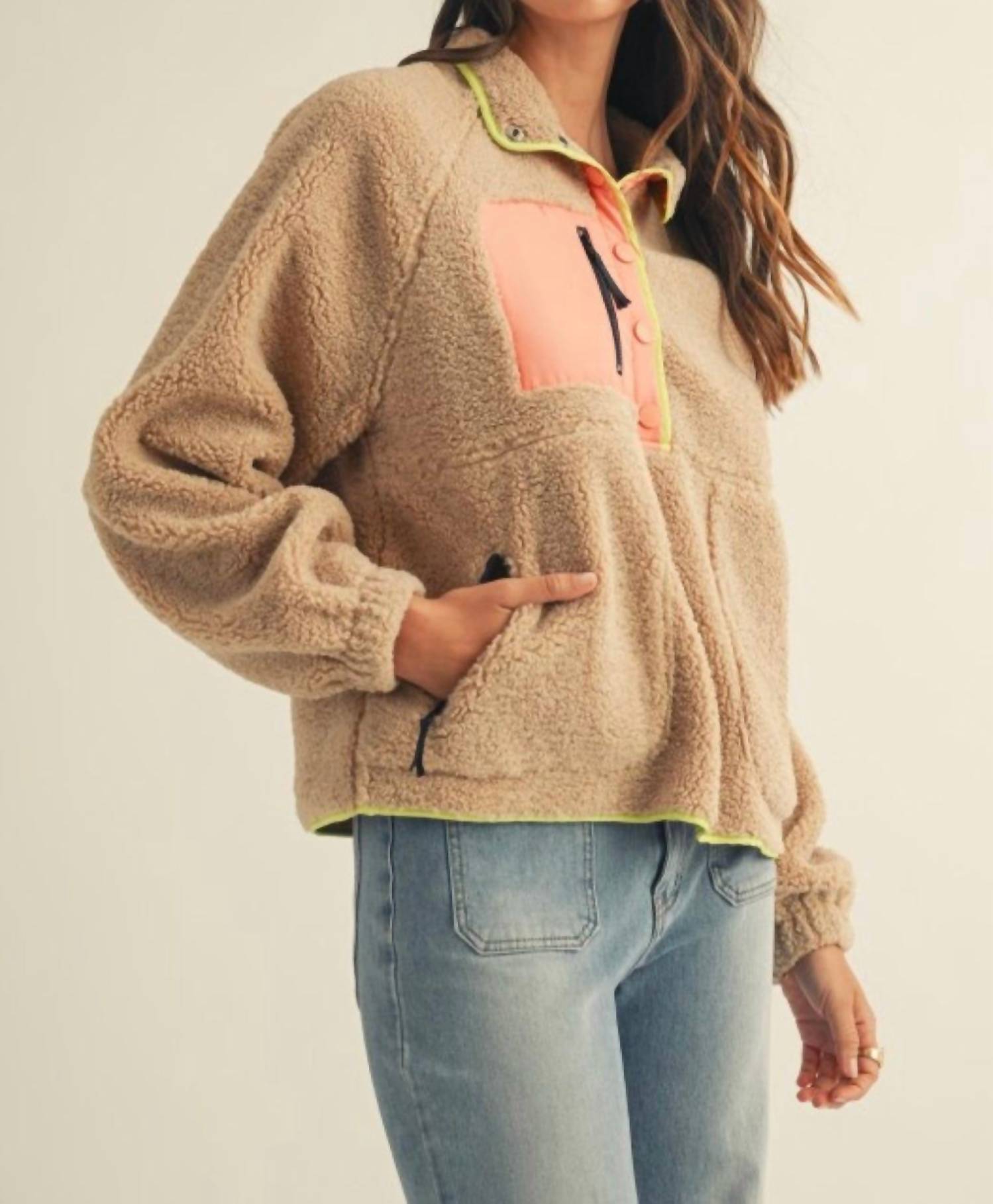 LovLov Daily Colorblock Button Pullover in desert sand - women's top - alternate view
