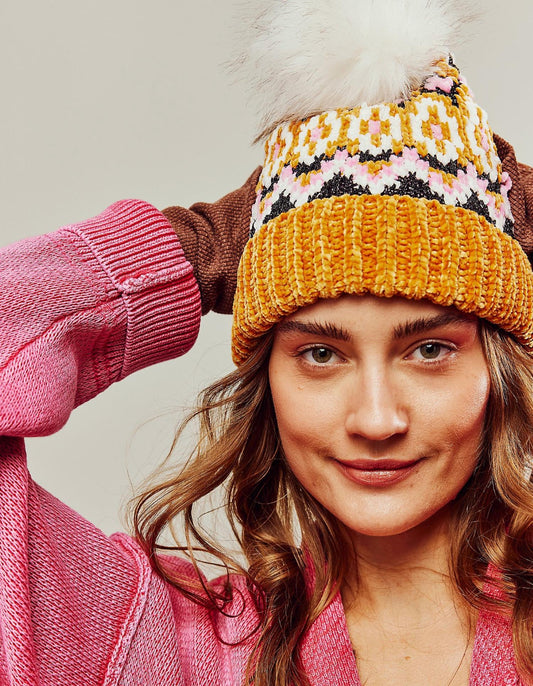 Free People - Chalet Fairisle Knit Winter Hat Beanie With Pom Pom