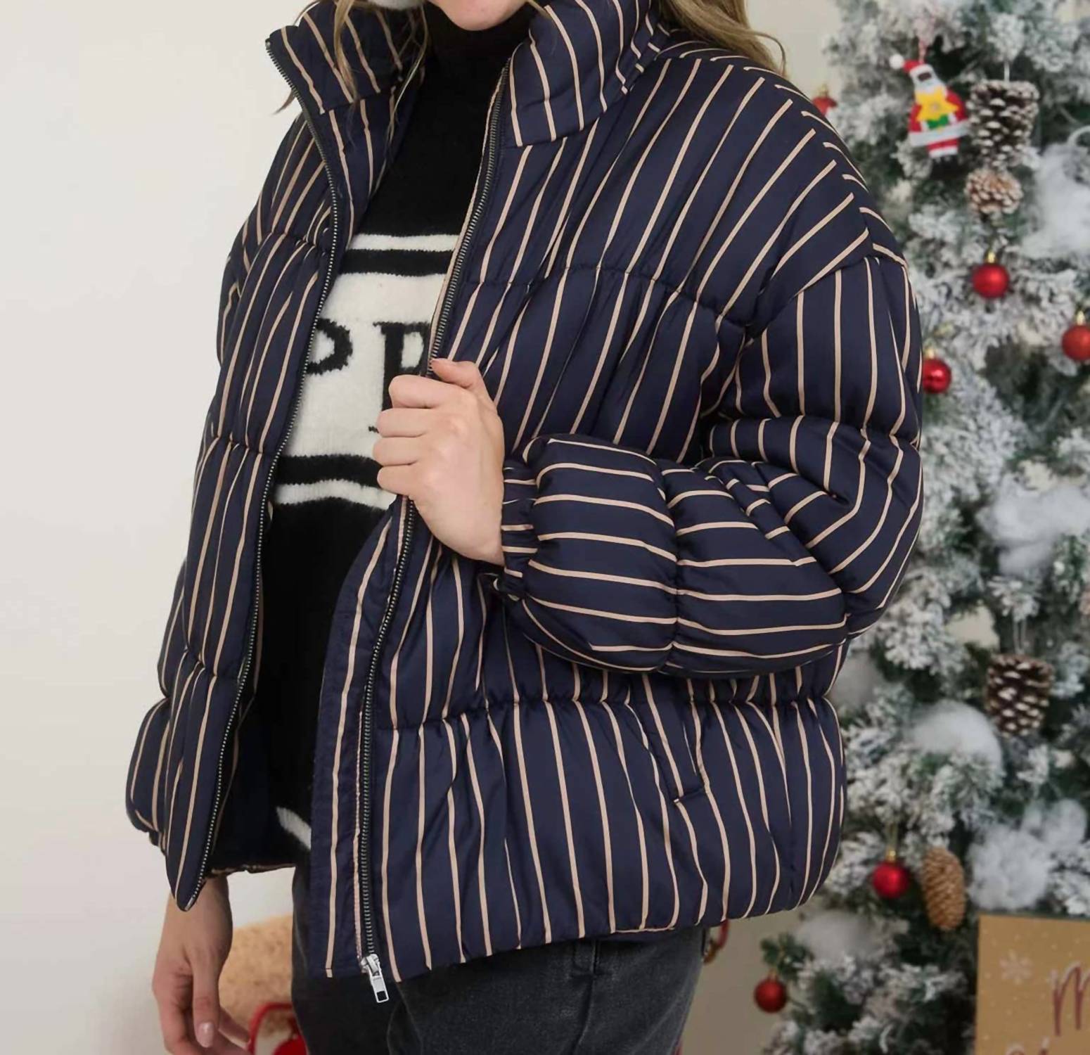 Blu Pepper - Women's Striped High Neck Puffer Jacket