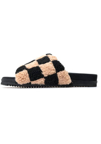 ROAM Women's Fuzzy Check Slides in beige black faux shearling - women's shoe
