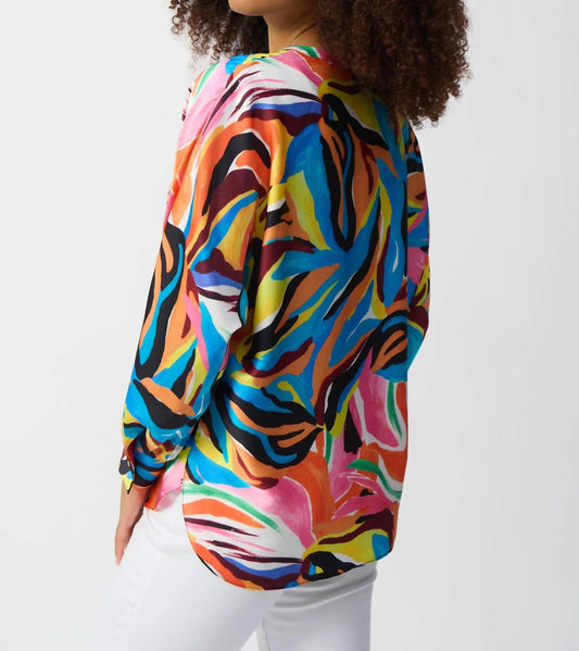 Joseph Ribkoff - Abstract Print V-neck Boxy Satin Top
