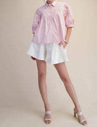 Glam - Puff Sleeve Contrast Detail Stripe Shirt Top