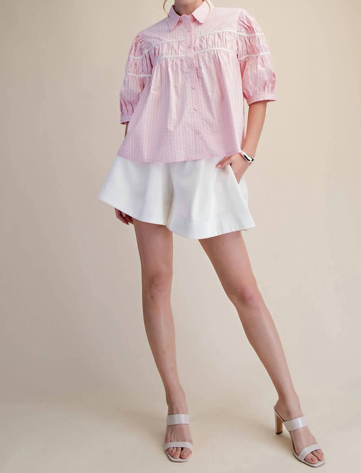 Glam - Puff Sleeve Contrast Detail Stripe Shirt Top