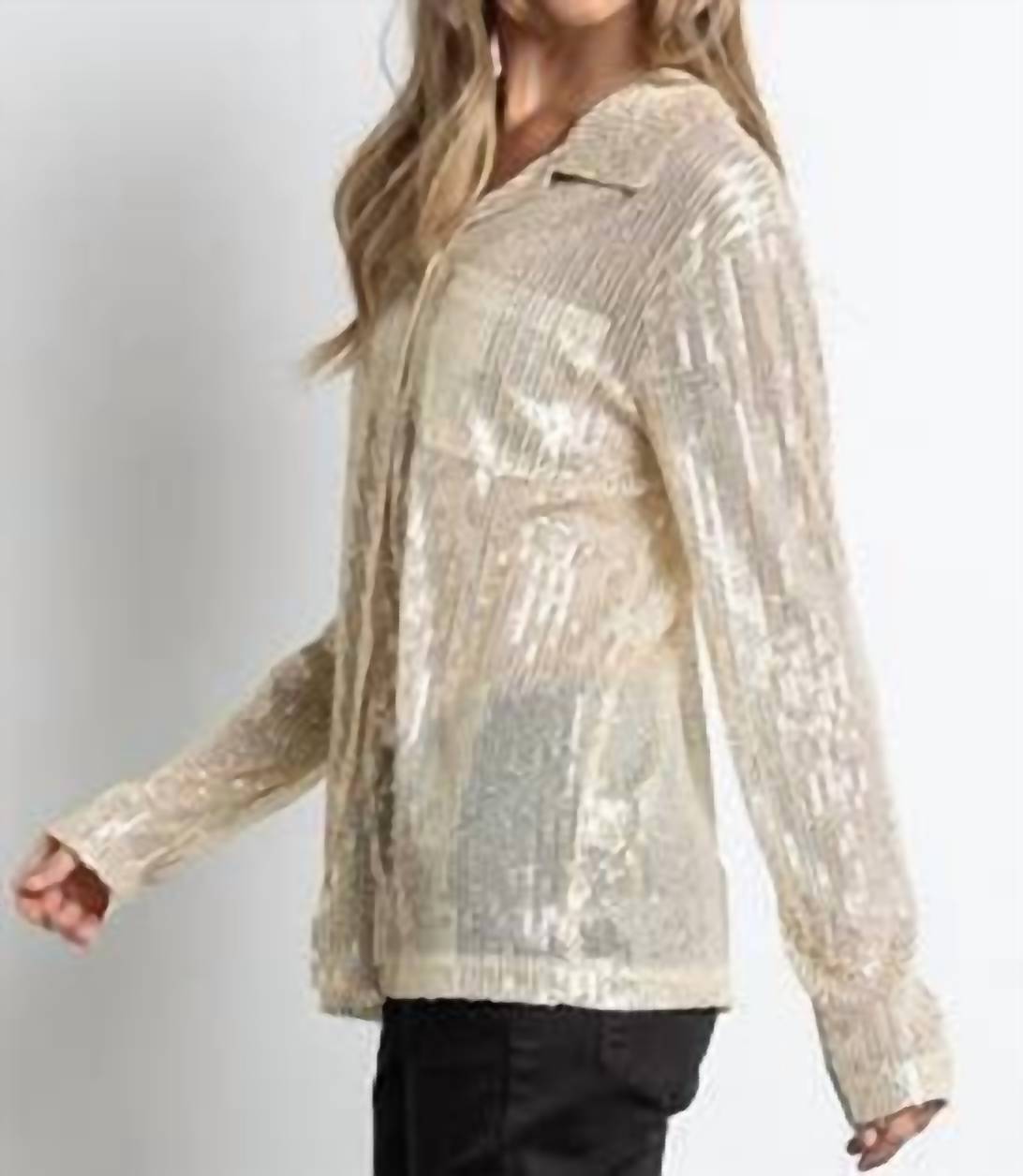 Kiwi Sequined Button Down Long Sleeve Mesh Blouse Shirt in gold - women's blouse - detail view