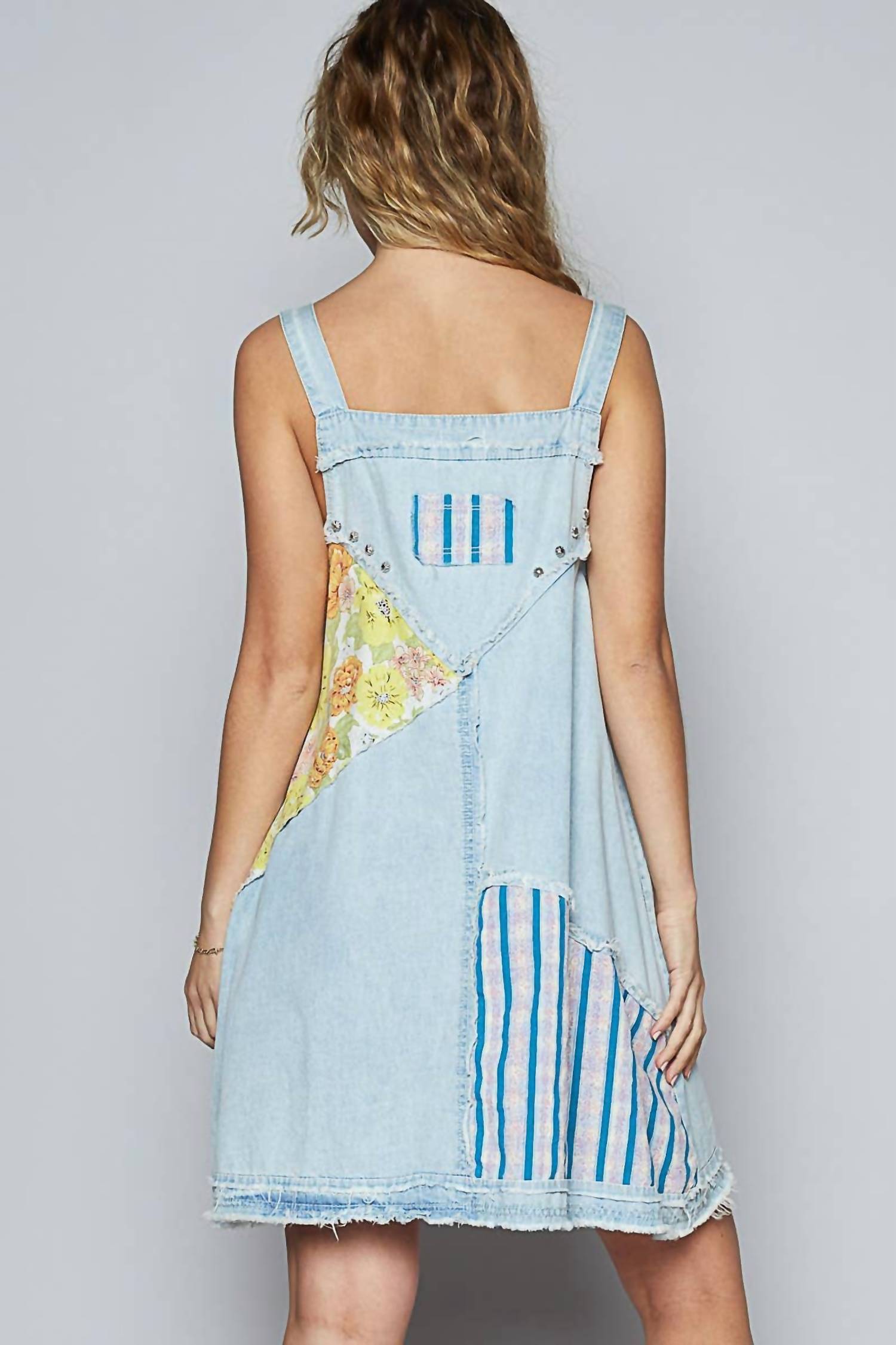 POL Floral Print Contrast Twill Mini Dress in denim - women's dress - detail view