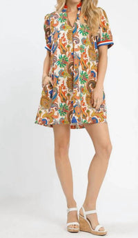 Umgee - Jacquard Abstract Print Ruffled Neck Mini Dress