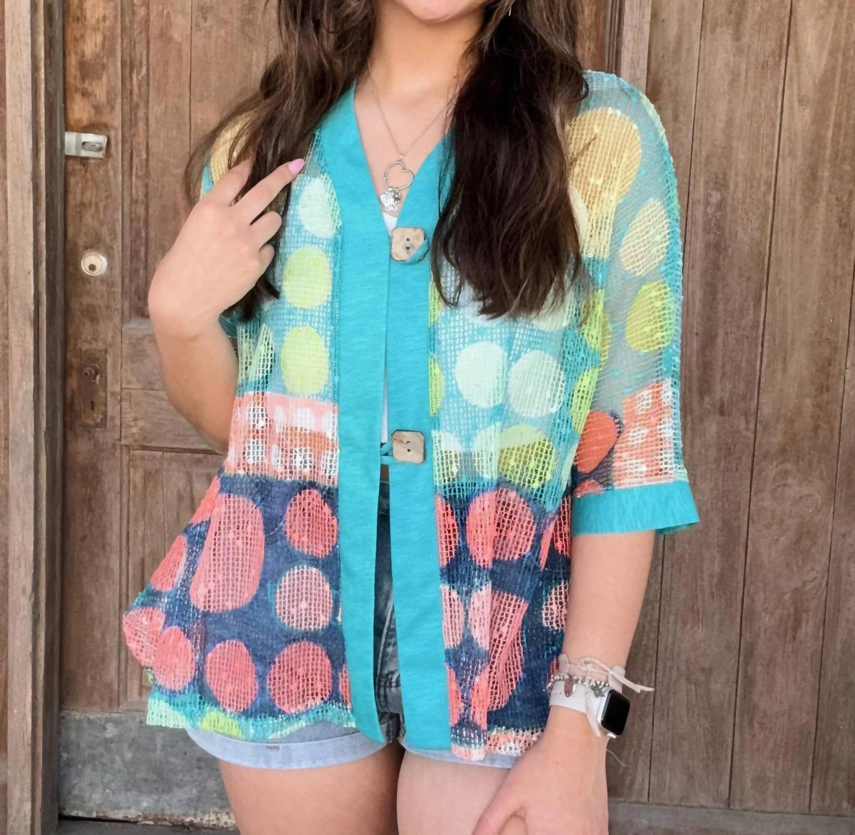 Jess & Jane - Printed Mesh Cardigan With Two Button Closure