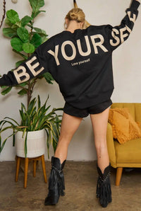 JADE BY JANE Be Yourself Love Yourself Oversized Sweatshirt in black - women's top - detail view