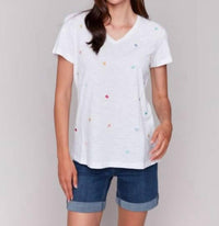 Charlie B - V NECK HEART EMBOIRDERED SHORT SLEEVE TOP