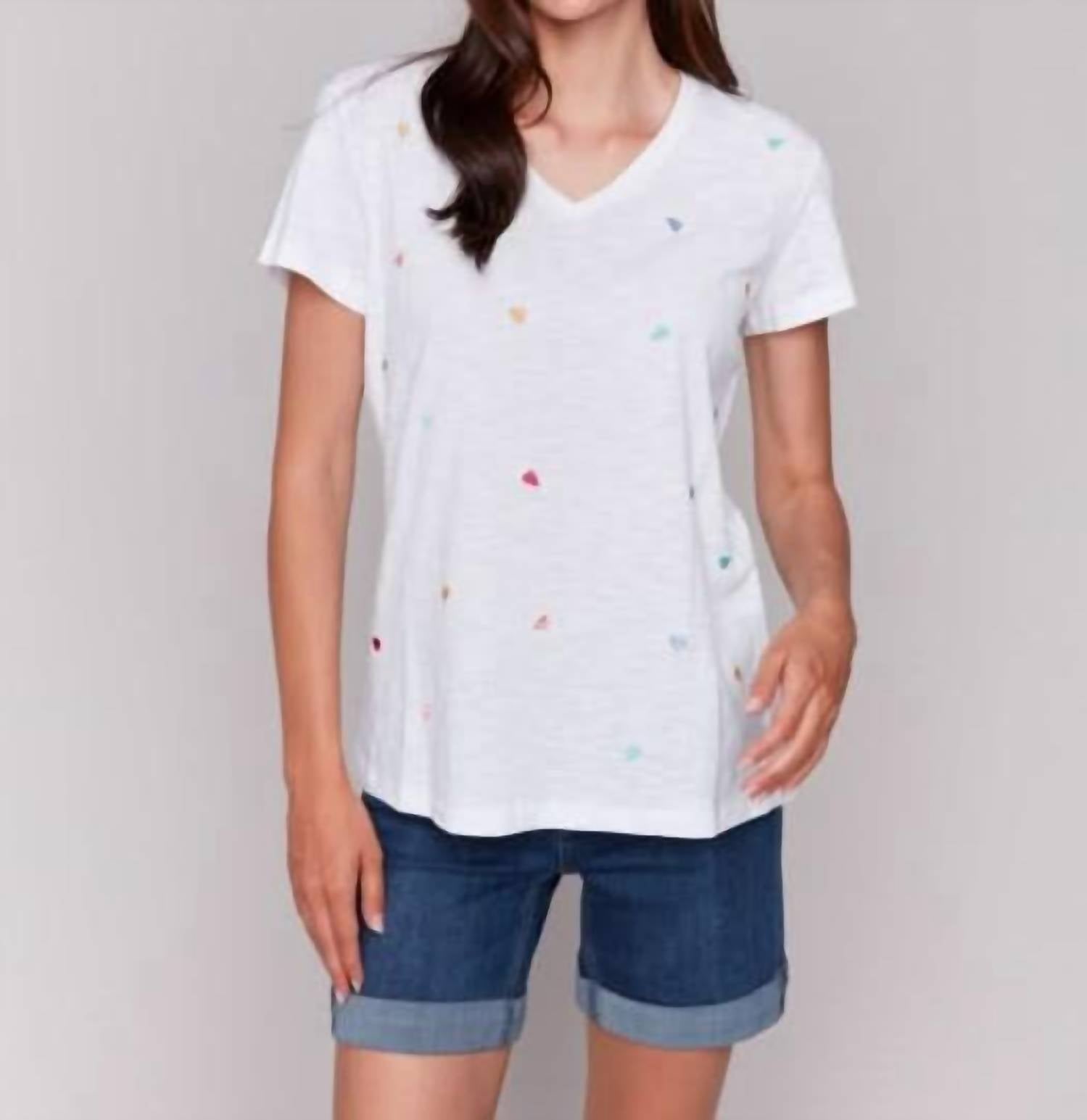 Charlie B - V NECK HEART EMBOIRDERED SHORT SLEEVE TOP