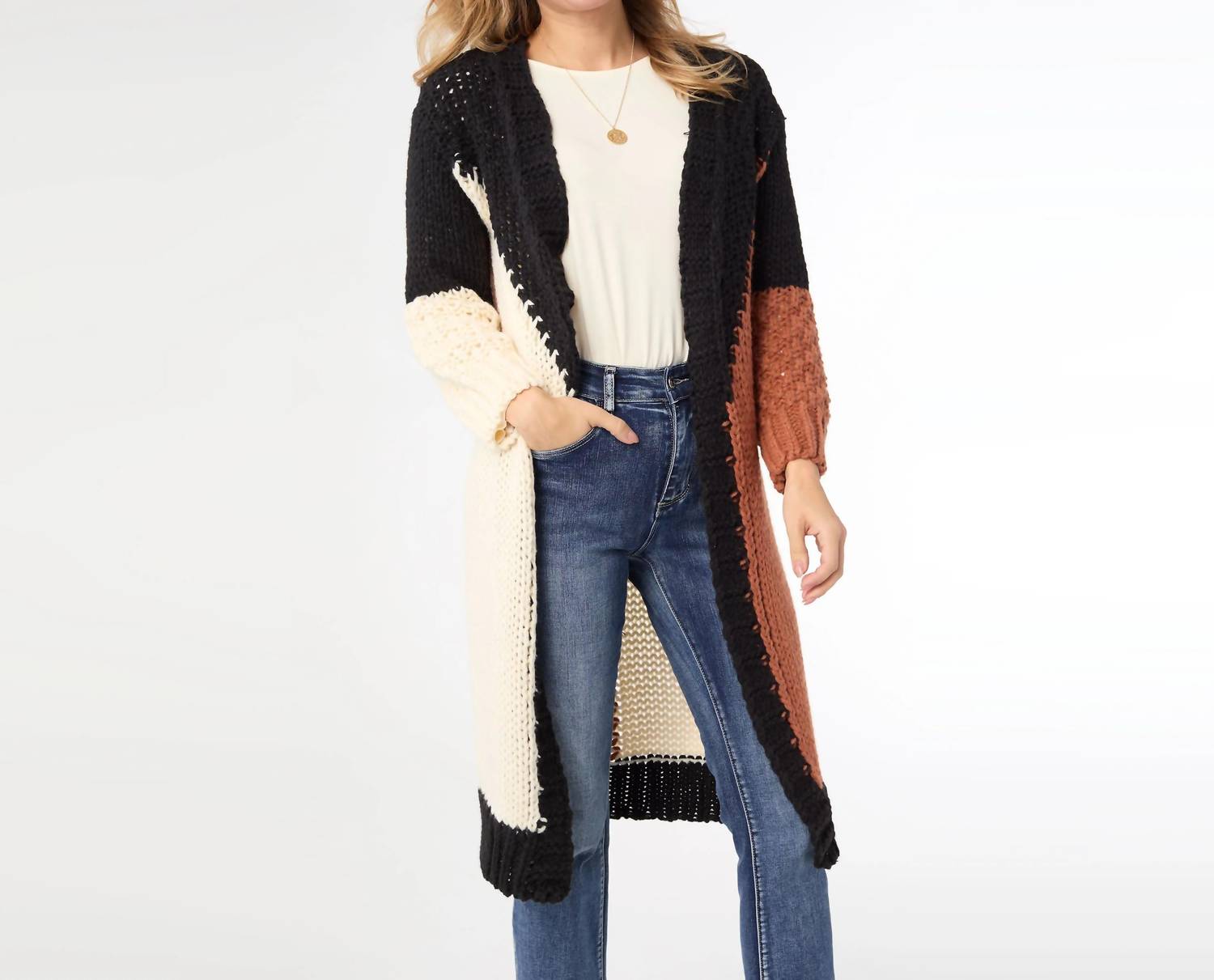 COCO + CARMEN Ravell Chunky Open Knit Cardigan in black cream rust - women's cardigan