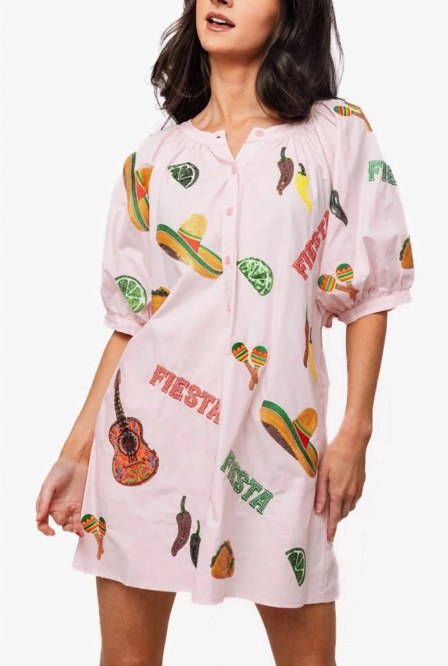 QUEEN OF SPARKLES Cinco Icon Button Up Cotton Dress in light pink - women's dress