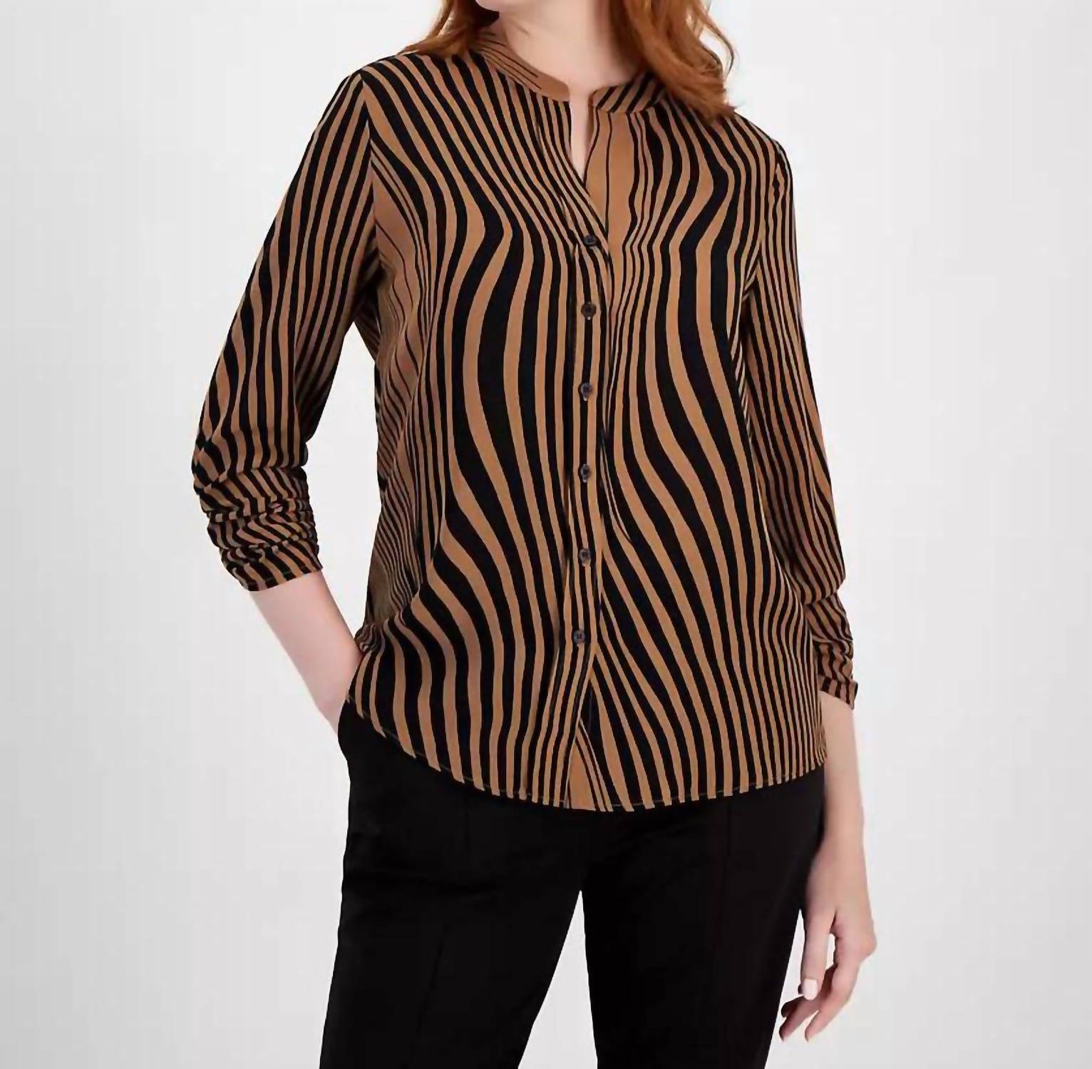 T Tahari - Mixed-stripe Mandarin Blouse