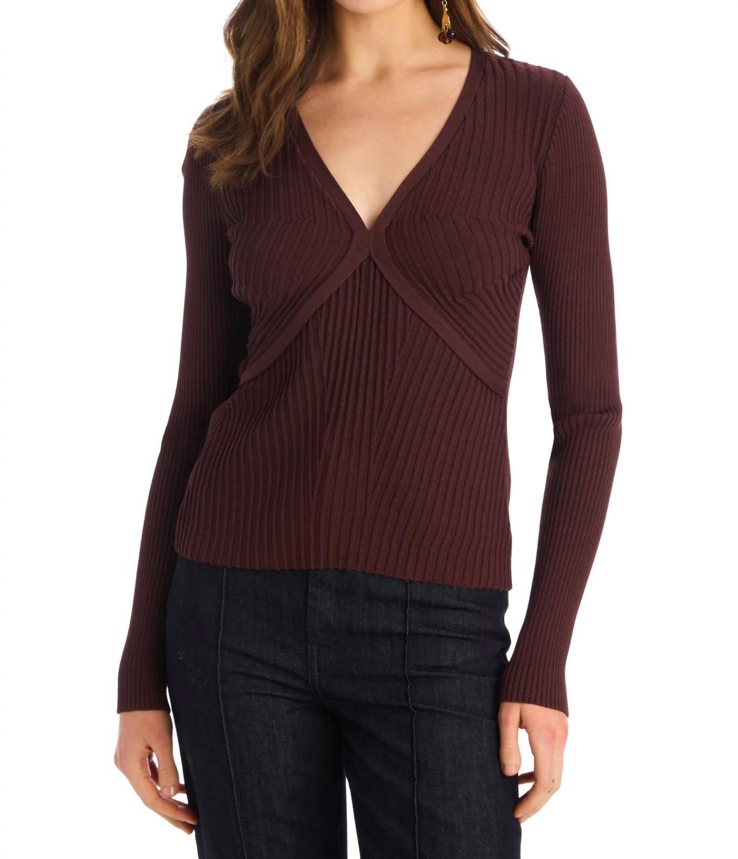ALLISON NEW YORK HALEY KNIT TOP in chocolate brown - women's long sleeve top
