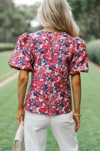 Voy - Short Bubble Sleeve Floral Jacquard Top