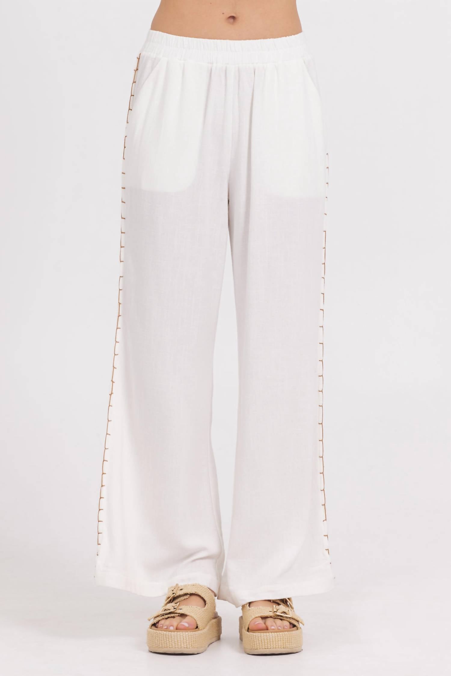Vintage Havana - Washed Linen Wide Leg Pants With Whip Stitch