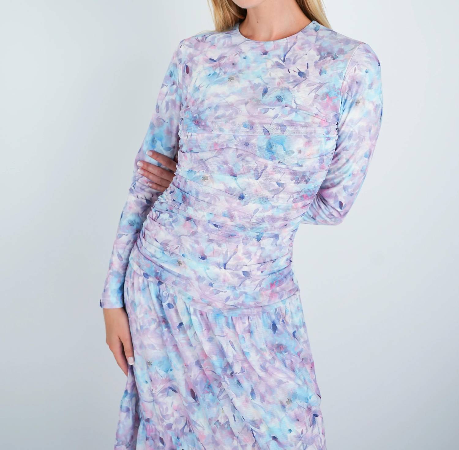 John Abgin - Mesh Floral Ruched Midi Dress