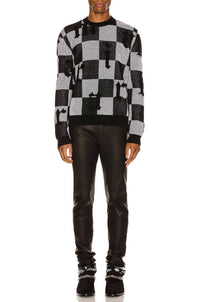 Amiri Logo Check Cashmere Crewneck Sweater in black white - men's sweater - detail view