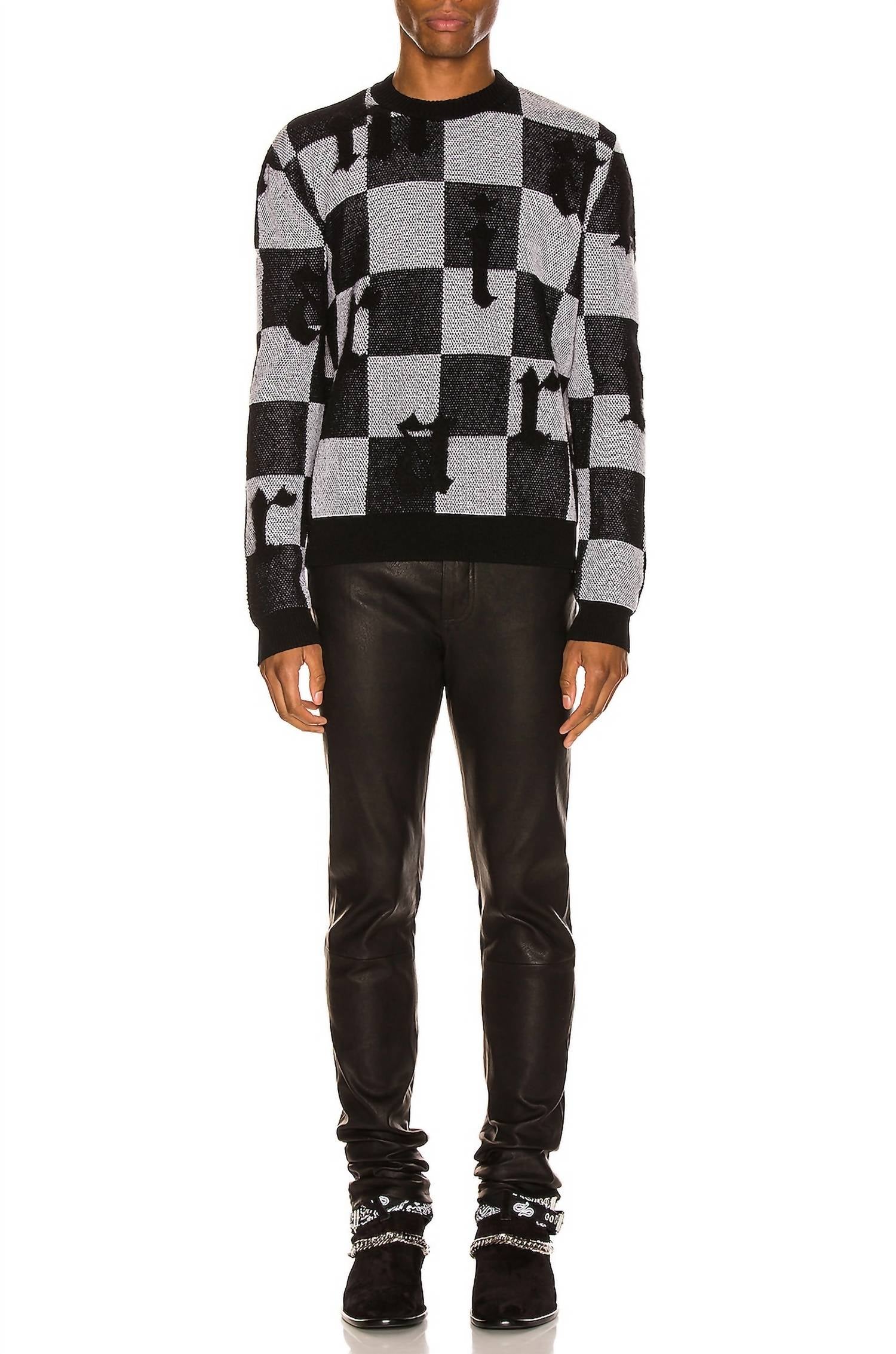 Amiri Logo Check Cashmere Crewneck Sweater in black white - men's sweater - detail view