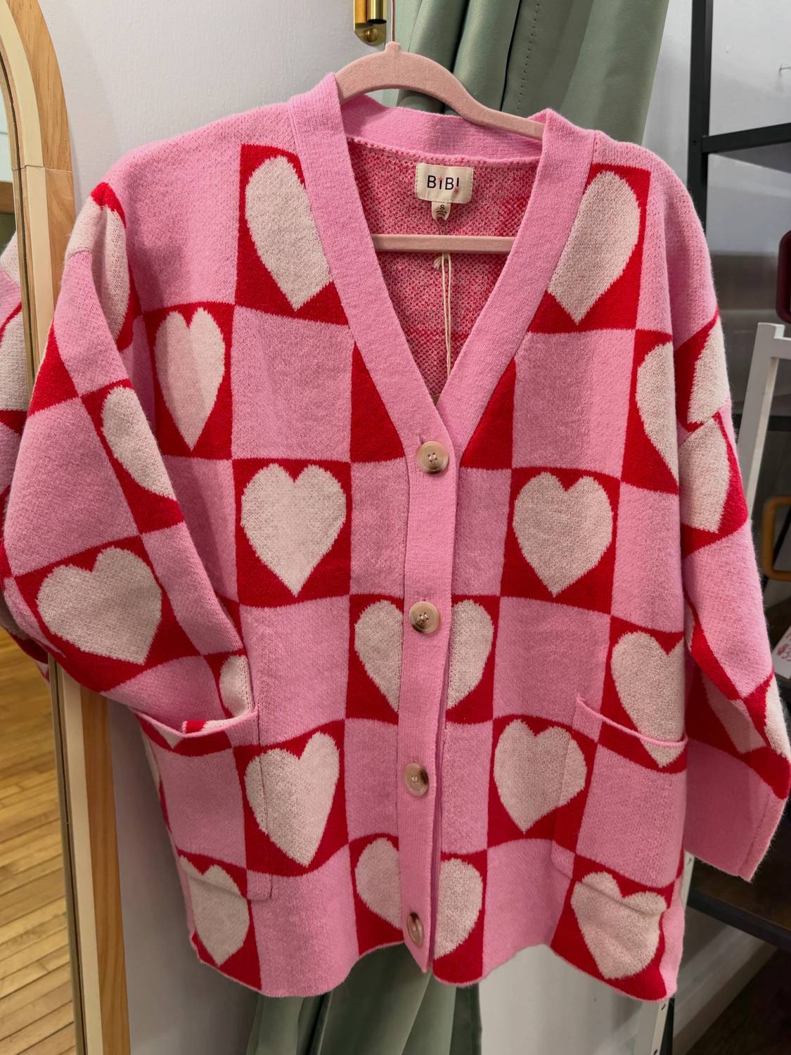 Bibi - Women's Heart Checkered Sweater Cardigan