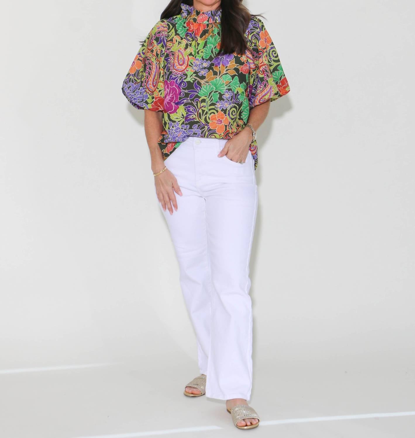 THML Puff Sleeve Top in green floral 1 - women's blouse - alternate view