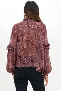 Oliphant Ruffle Sleeve Lurex Blouse in morocco petal pink with gold - women's blouse - detail view