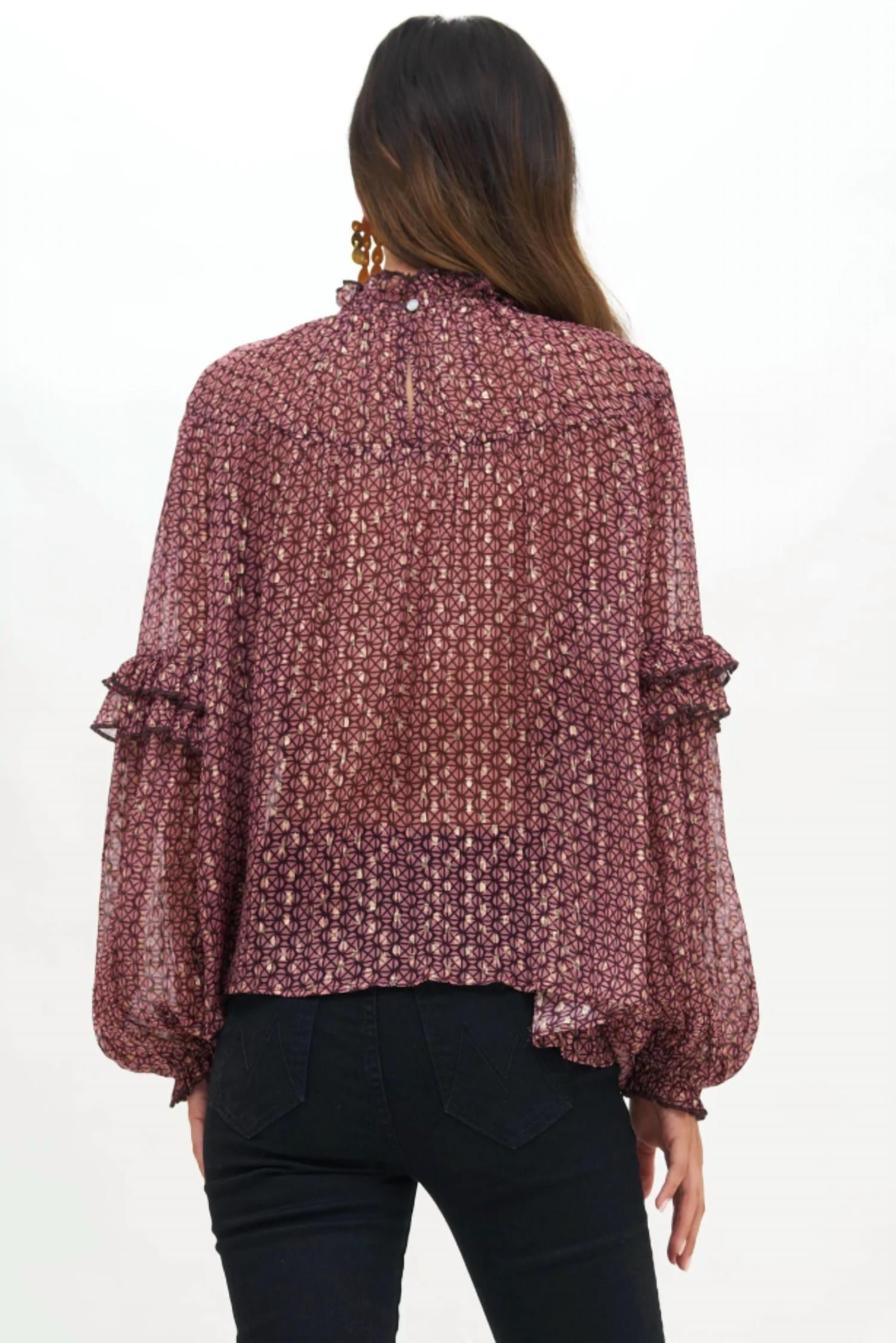 Oliphant Ruffle Sleeve Lurex Blouse in morocco petal pink with gold - women's blouse - detail view