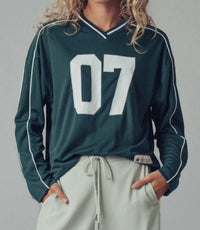 Urban Daizy Varsity 07 Graphic V-Neck Jersey Top in hunter - women's long sleeve top