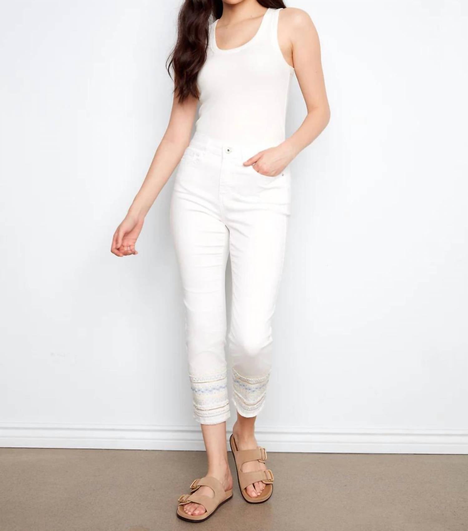 CHARLIE B Embroidered Cuff Jeans in white - women's jeans
