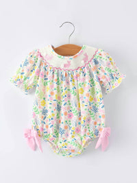Rylee Faith Designs - Girls Easter Bunny Embroidered Pom-pom Short-sleeved Romper