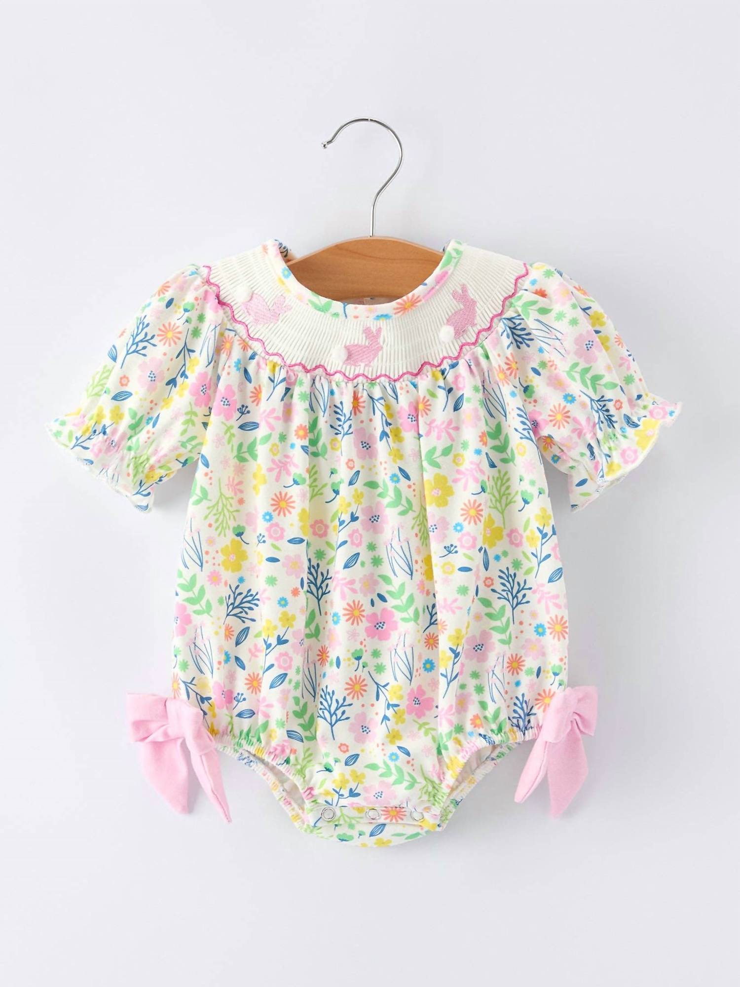 Rylee Faith Designs - Girls Easter Bunny Embroidered Pom-pom Short-sleeved Romper