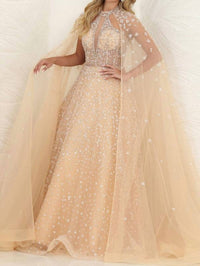 Ladivine - Beaded Illusion Design Sewn-on Cape A Line Glitter Dress