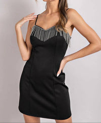 Ee:Some - Sleek Spaghetti Strap Body Con Mini Dress With Rhinestone Fringe