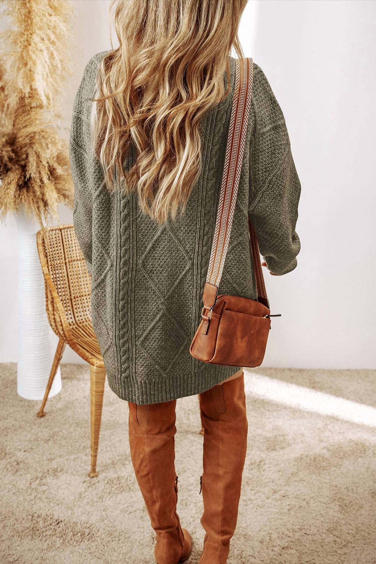 Lovesoft - Cable Knit Drop Shoulder Loose Fit Sweater Dress