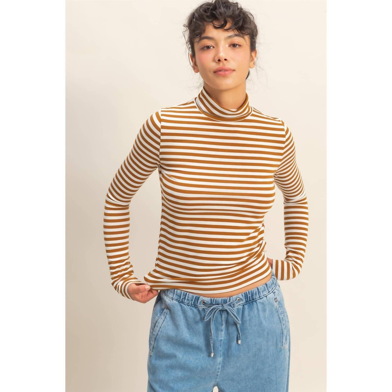 Hyfve - Striped Turtleneck Fitted Long Sleeve Top
