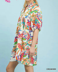 Umgee - Abstract Print Ruffled Neck Mini Dress