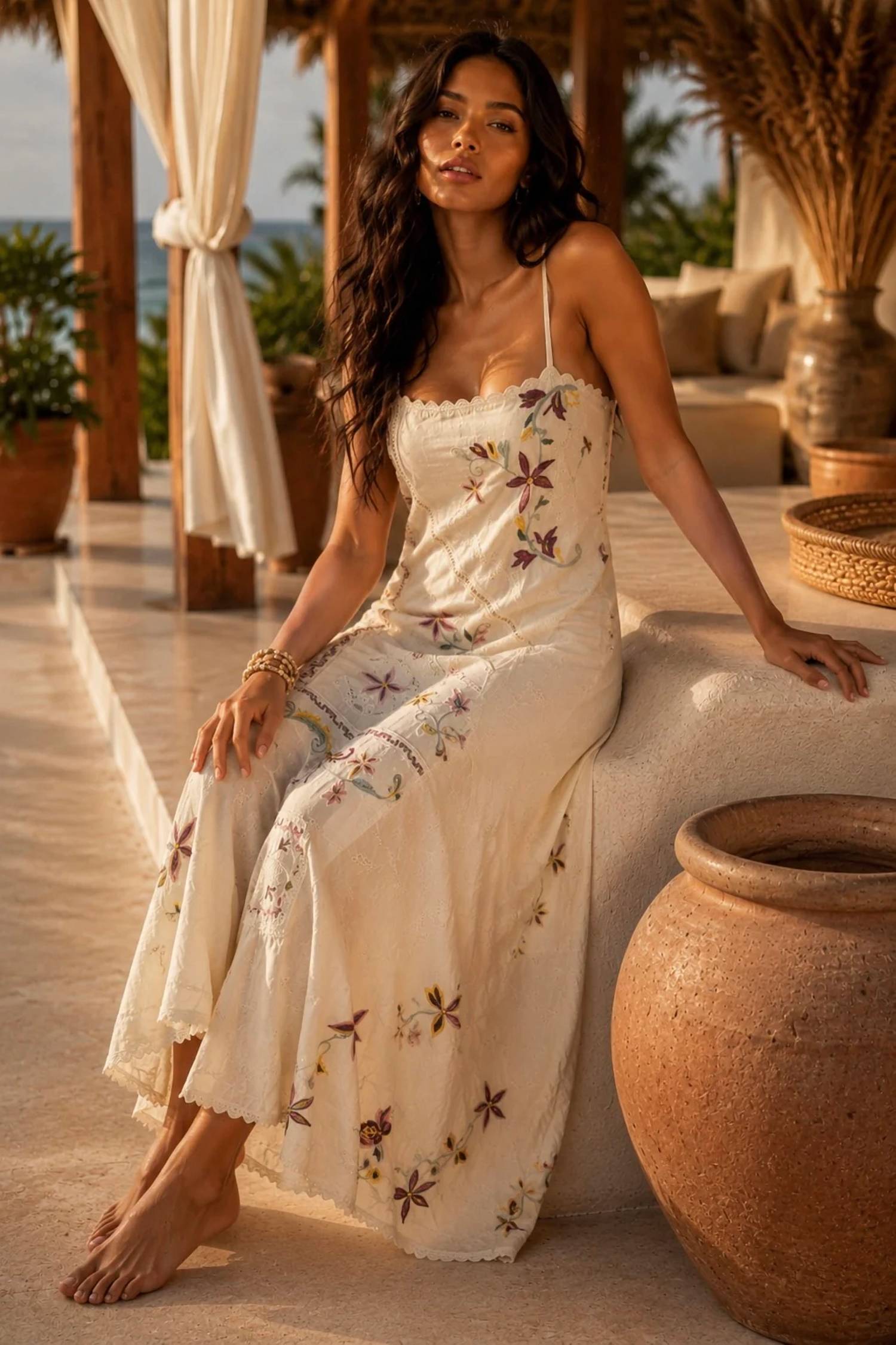 Surelymine - Wildflower Embroidered Boho Maxi Dress