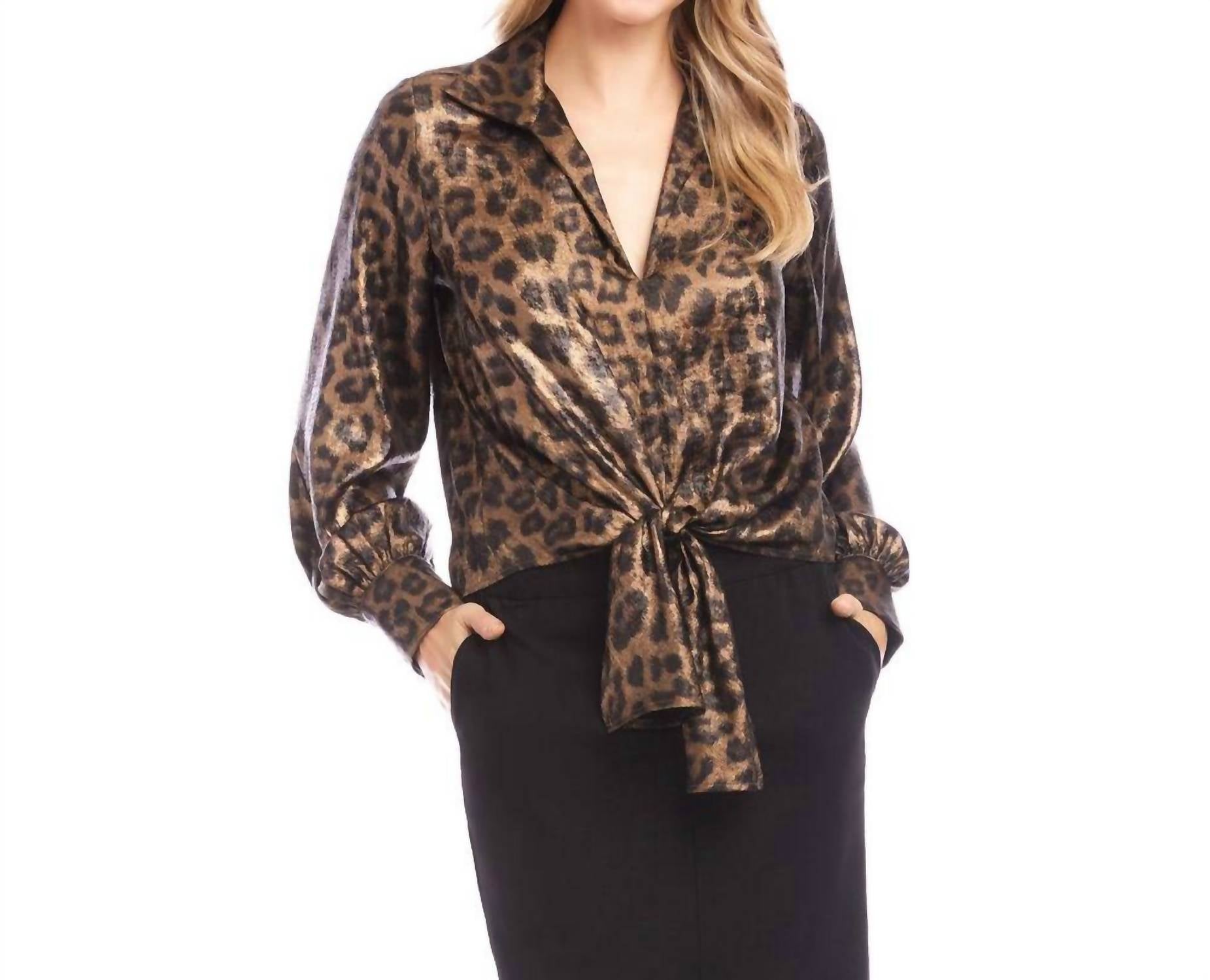 Karen Kane Long Sleeve Tie-Front Top in leopard 1 - women's blouse