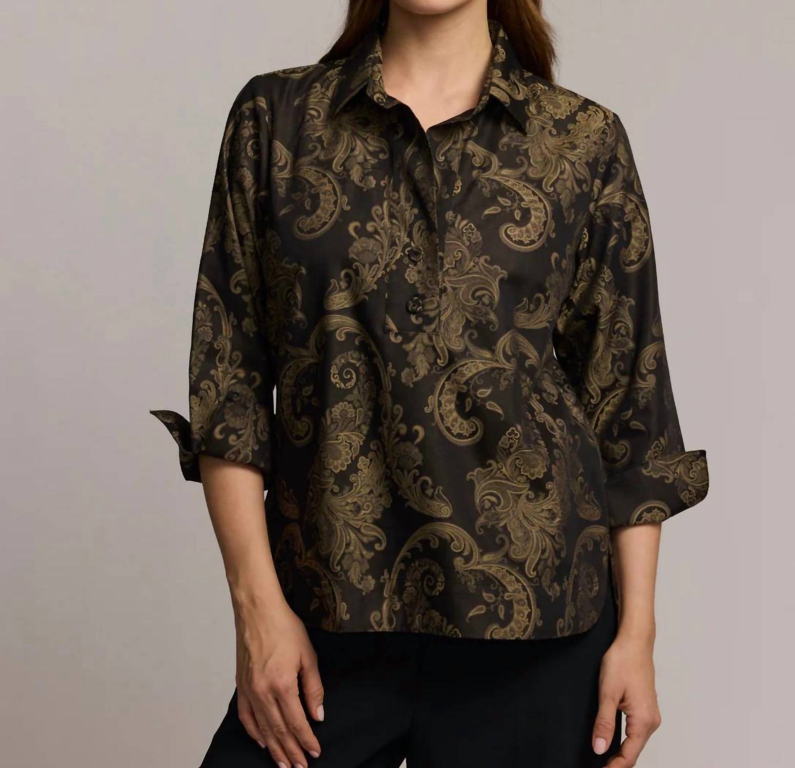 Hinson Wu Aileen Paisley Jacquard Shirt in black khaki - women's shirt