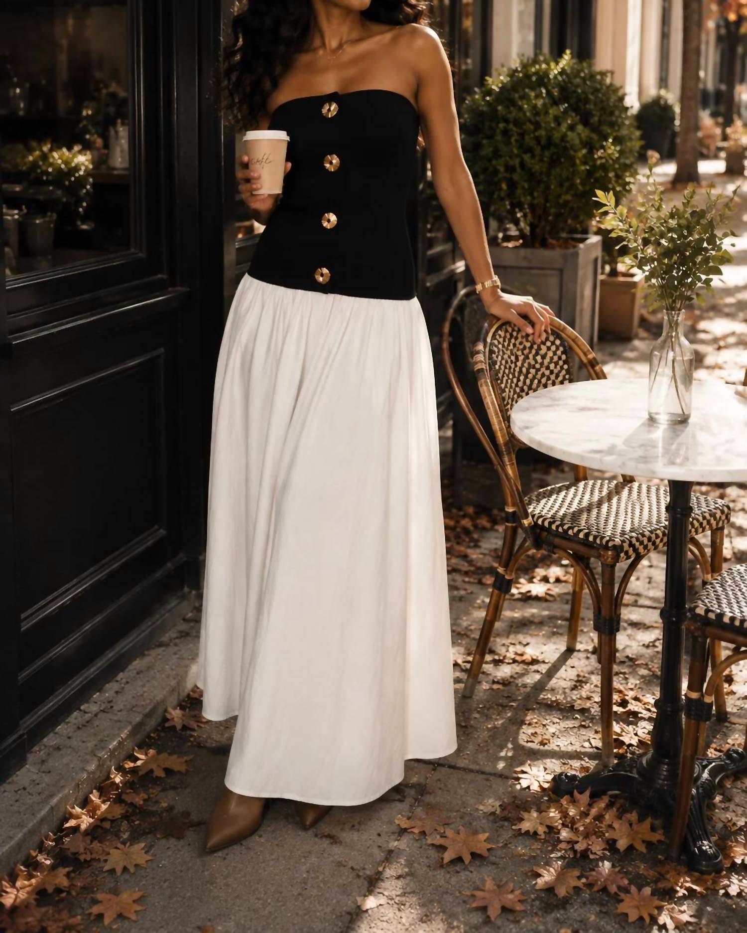 Surelymine - Strapless Button-Front Color Block Maxi Dress