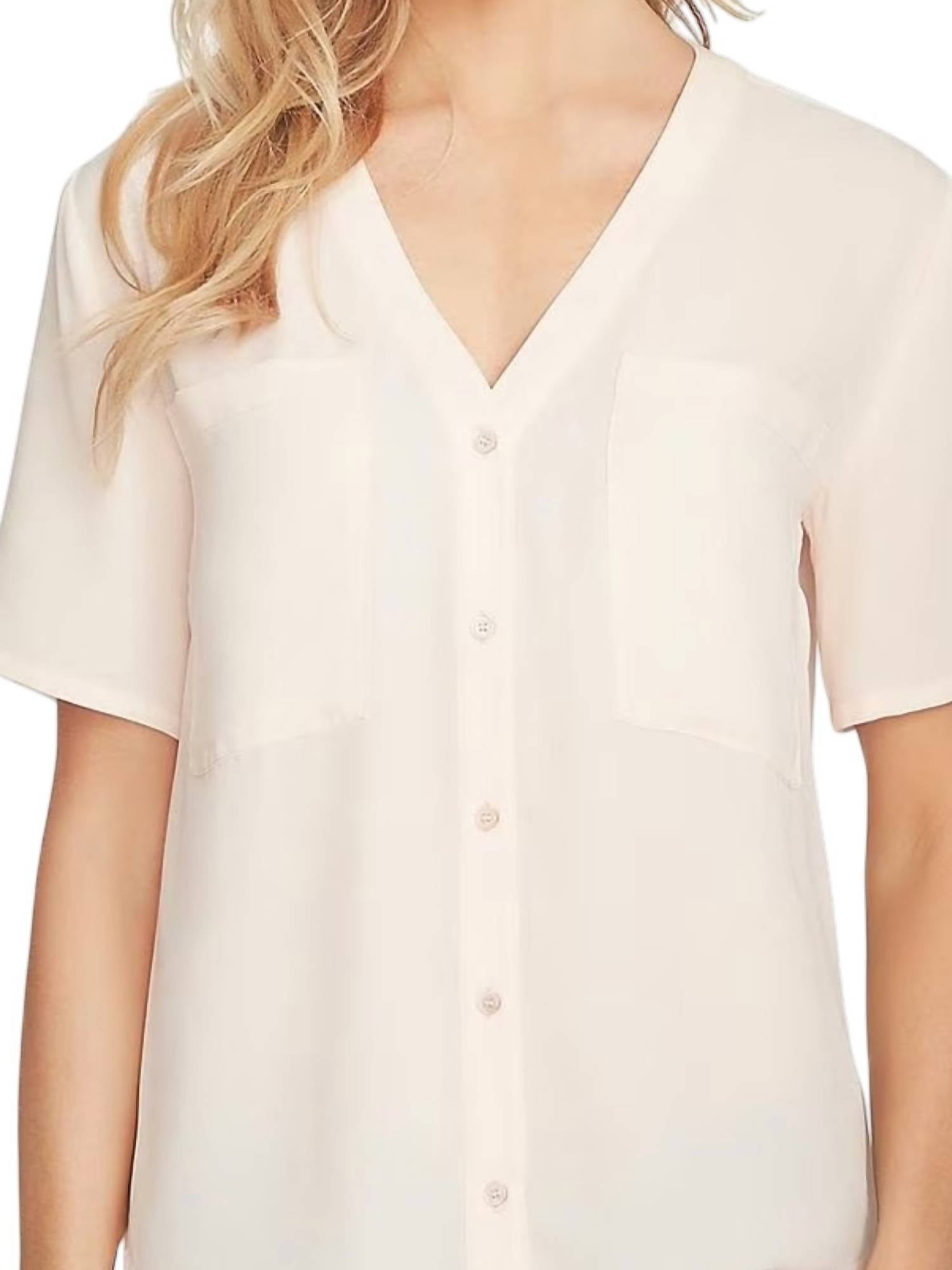 1.State - Chiffon Short Sleeves V Neck Button Down Shirt