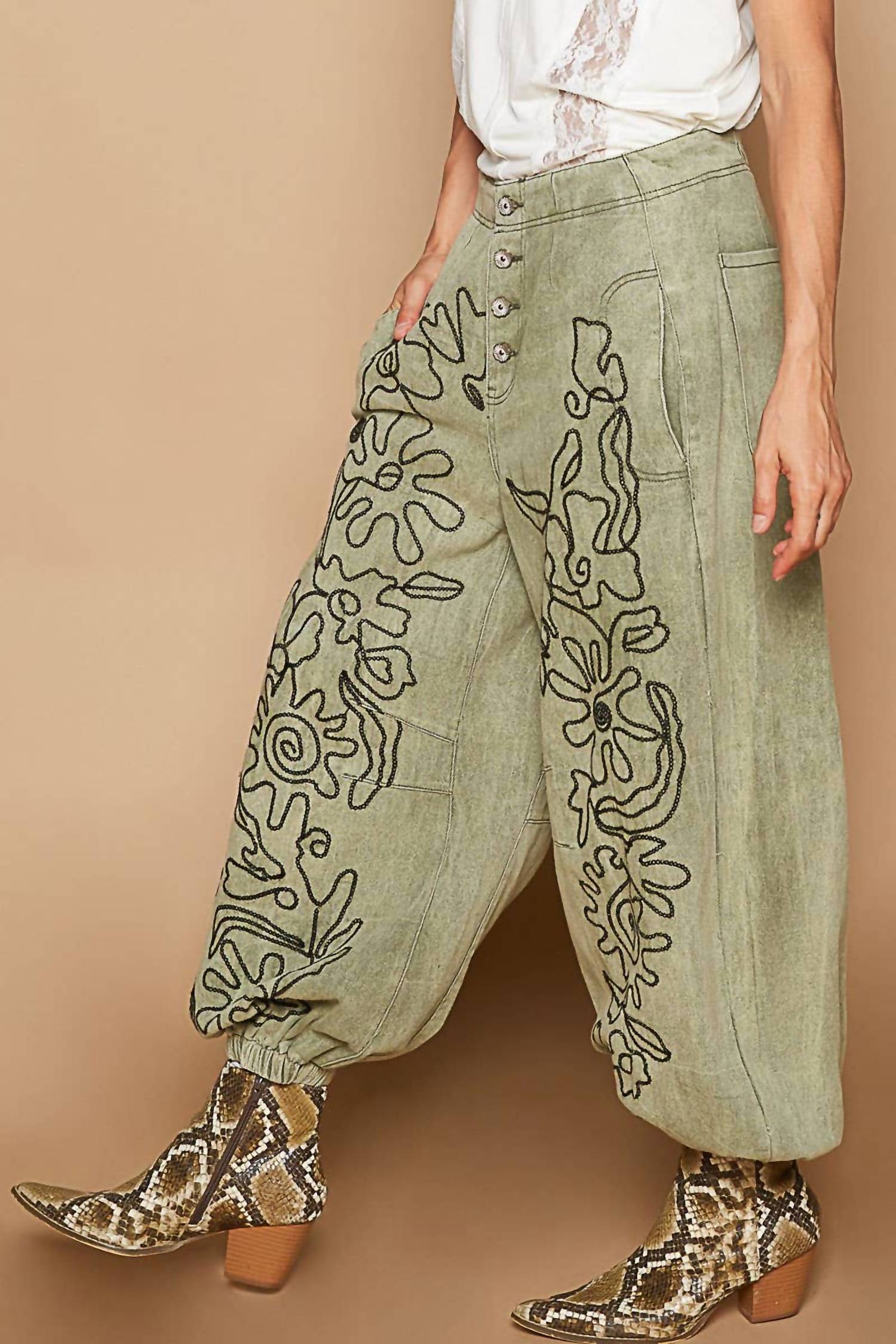 Pol - Floral Embroidered Twill Pants