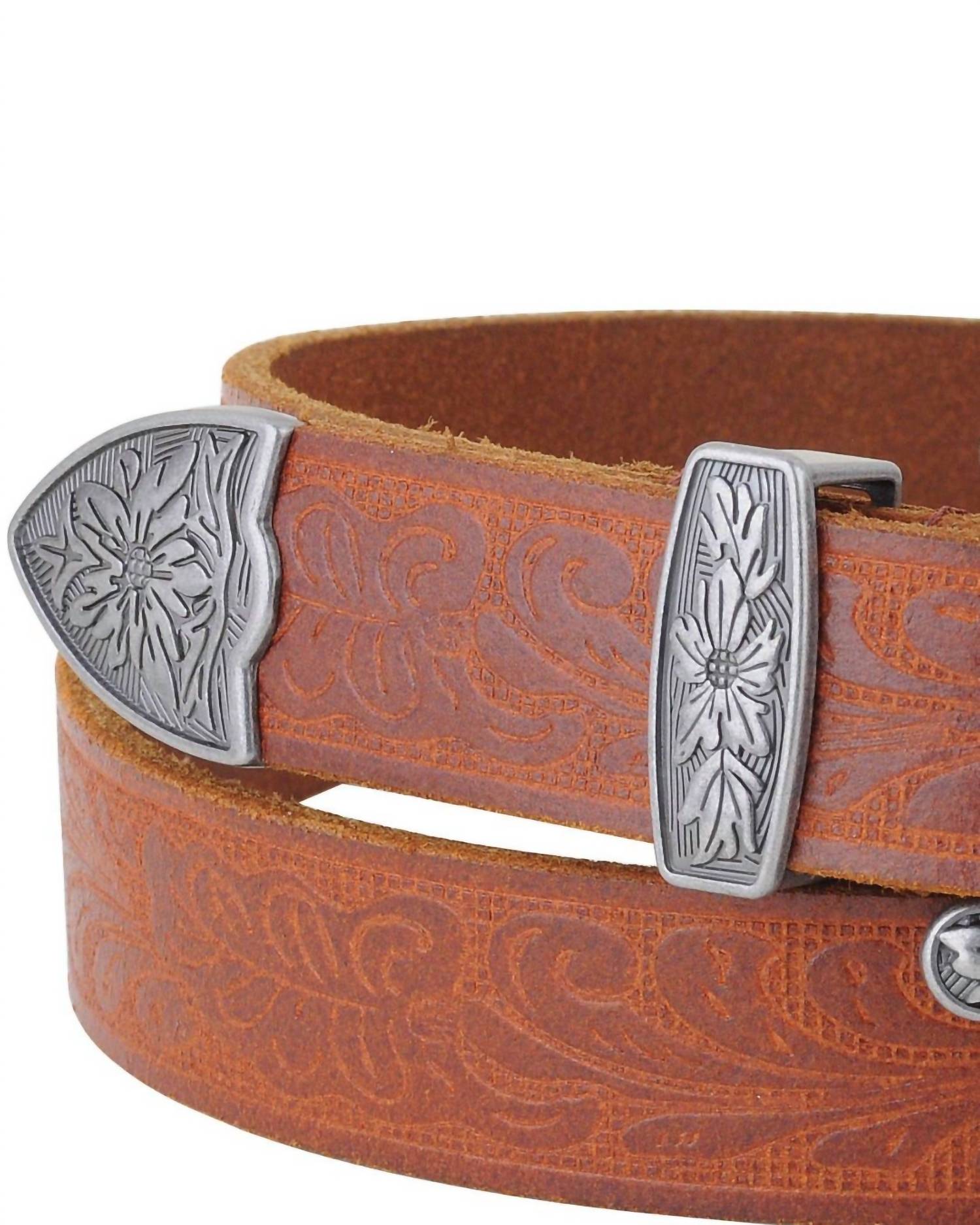most wanted Men's Western Tooled Vintage Buckle Leather Belt in tan - men's accessory - alternate view