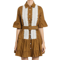 Beulahstyle - Ruffled Front Lace Detail Mini Dress With Belt
