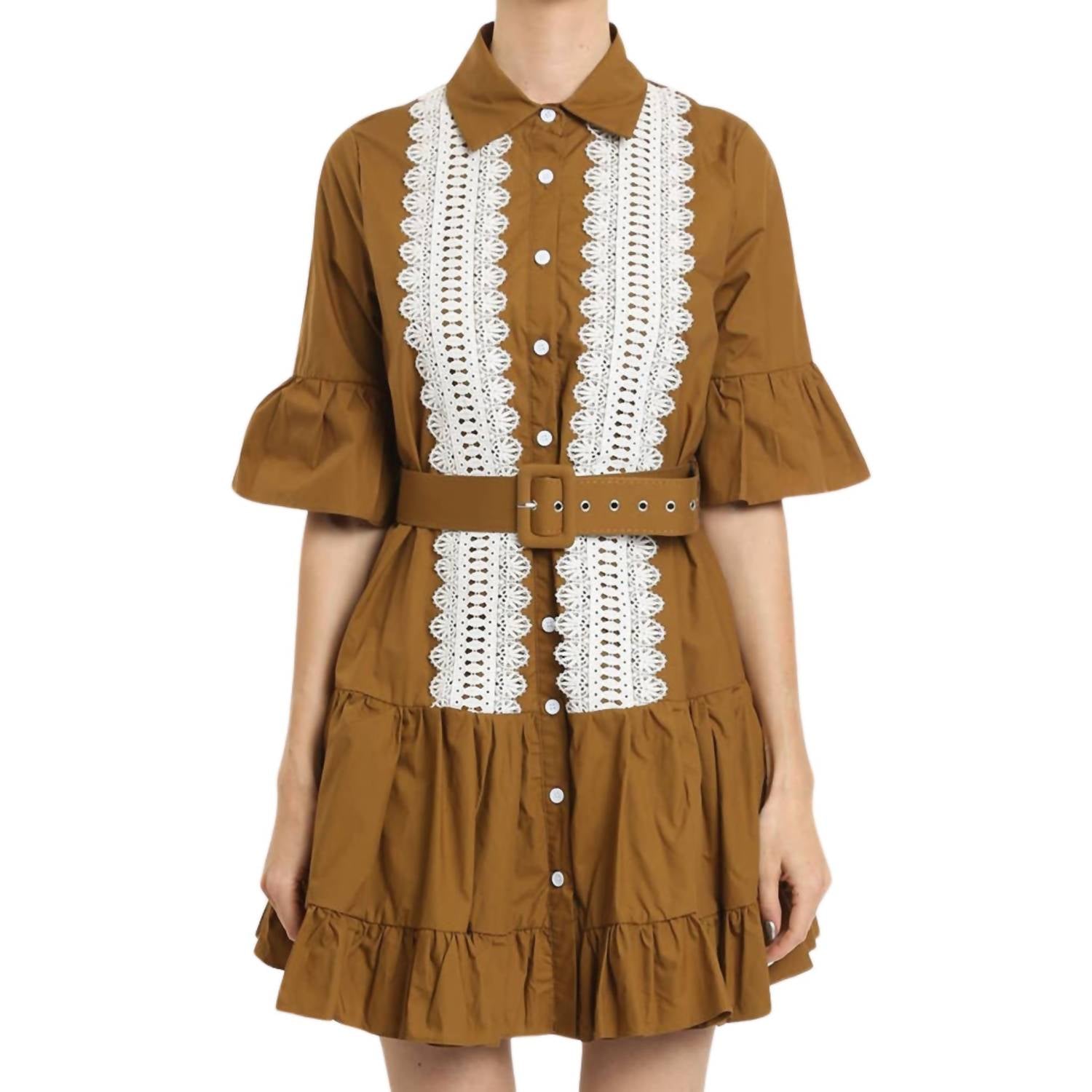 Beulahstyle - Ruffled Front Lace Detail Mini Dress With Belt