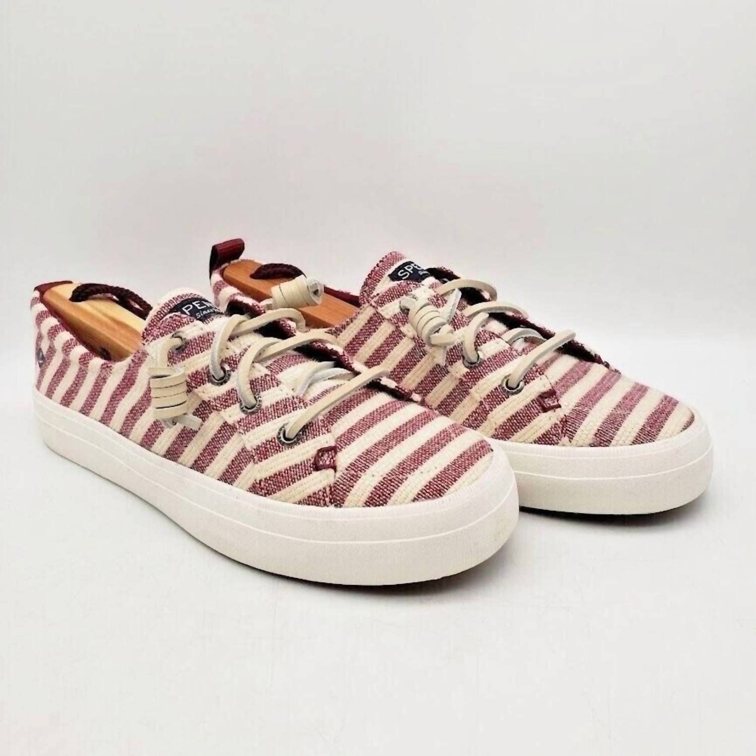Sperry Women's Crest Vibe Slip On Shoes in maroon cream stripe - women's sneaker